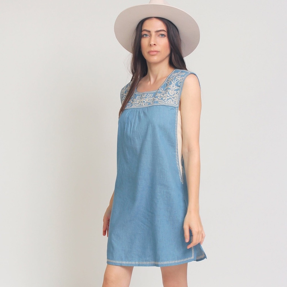 Embroidered chambray button back mini dress